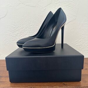 Saint Laurent Paris YSL Janis 105 platform heels black with gold trim